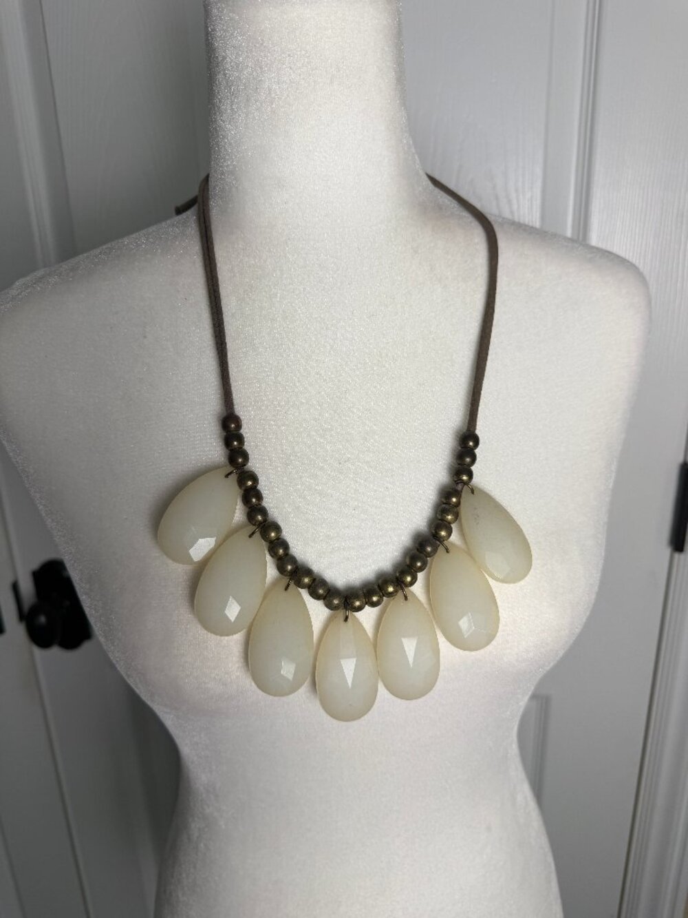 Vintage Large Bead & Cream Gold & Grey Ribbon Chain Statement Necklace